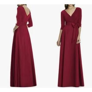 Alfred Sung V Neck Jersey Mikado 3/4 Sleeve Belted Maxi Gown Red Sz 0 D736